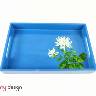 Blue rectangular lacquer tray with hand-painted chrysanthemum 19x30 cm